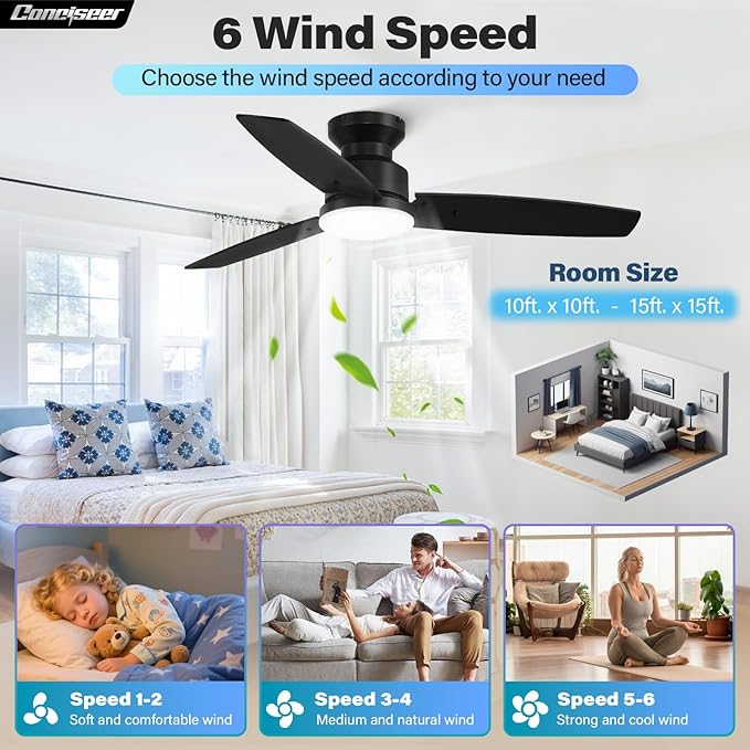 Conciseer Modern 42 Inch Ceiling Fans with Lights and Remote, Bedroom Living Room Office, Flush Mount, 18W 3CCT Dimmable, Dual Color 3 Blades 6 Speed Reversible Quiet DC Motor, Black/Wood Grain