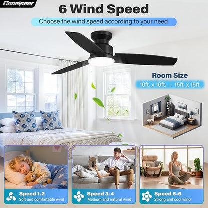 Conciseer Modern 42 Inch Ceiling Fans with Lights and Remote, Bedroom Living Room Office, Flush Mount, 18W 3CCT Dimmable, Dual Color 3 Blades 6 Speed Reversible Quiet DC Motor, Black/Wood Grain
