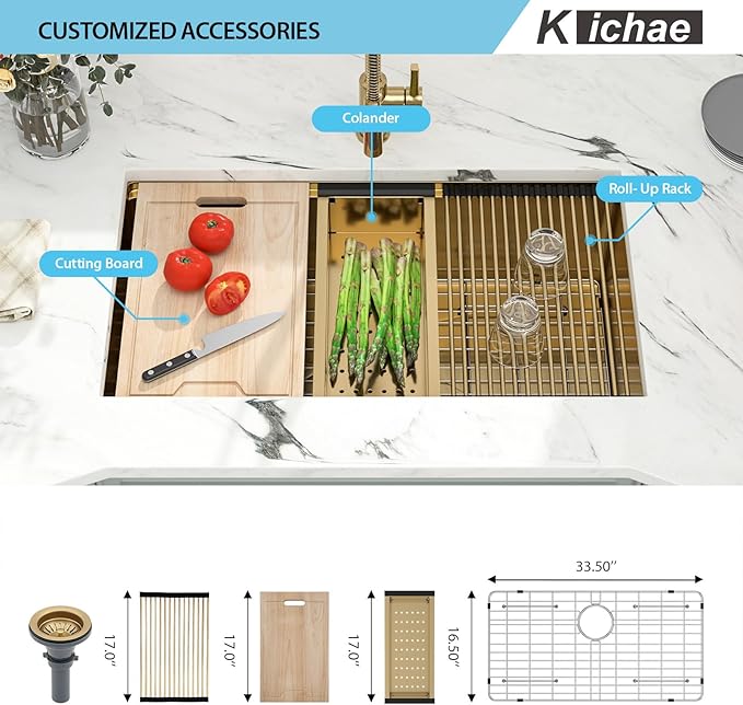 36 Inch Gold Undermount Kitchen Sink - Kichae 36 x 19 Stainless Steel Undermount Sink Ledge Workstation 16 Gauge Single Bowl Round Corner Handmade Deep Bowl with Cutting Board