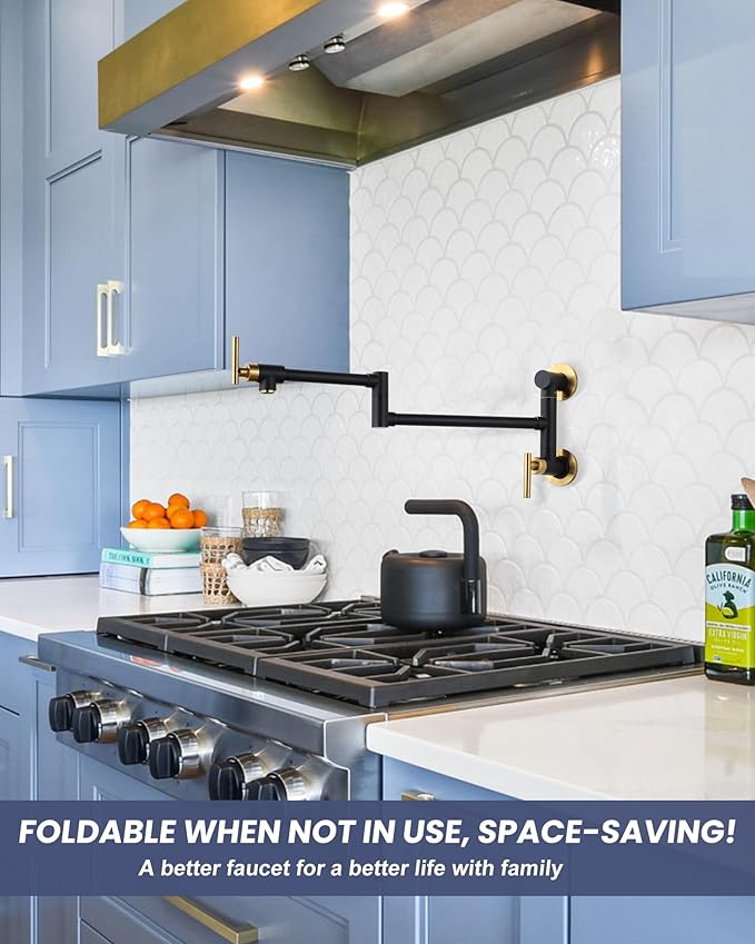 Pot Filler Faucet Black Gold: WOWOW Single Hole Wall Mount Stove Faucet, Solid Brass Pot Filler Two Attachment with Double Joint Swing Arms