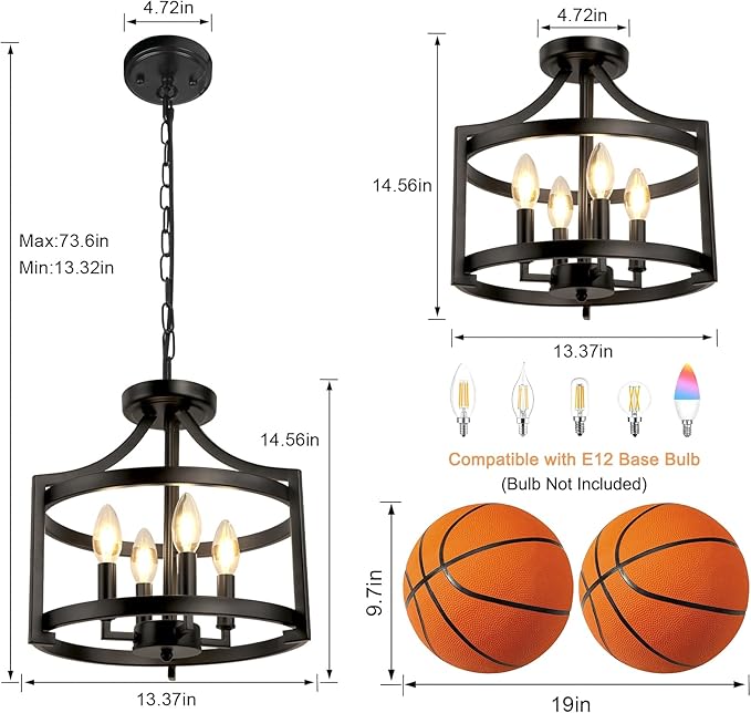 LynPon Black Farmhouse Chandelier 4 Lights, Modern Hanging Pendant Light Convertible Semi Flush Mount Ceiling Light Rustic Metal Round Cage Chandeliers for Dining Room Entryway Foyer Kitchen