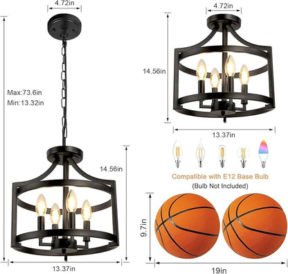 LynPon Black Farmhouse Chandelier 4 Lights, Modern Hanging Pendant Light Convertible Semi Flush Mount Ceiling Light Rustic Metal Round Cage Chandeliers for Dining Room Entryway Foyer Kitchen