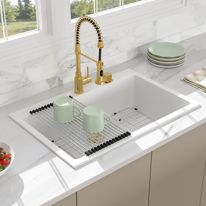 33 Granite Composite Kitchen Sink - Beslend 33x22 Inch Drop In Granite Kitchen Sink Topmount White Quartz Sinks Classic Above Counter Single Bowl Basin