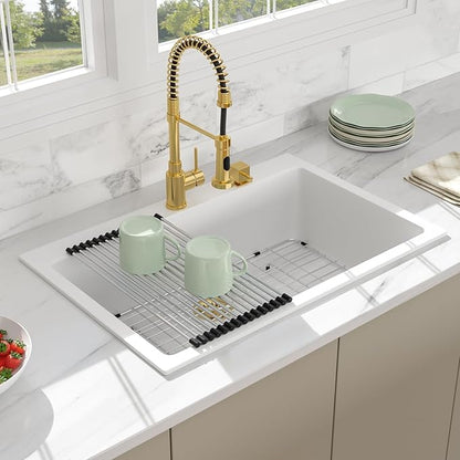 33 Granite Composite Kitchen Sink - Beslend 33x22 Inch Drop In Granite Kitchen Sink Topmount White Quartz Sinks Classic Above Counter Single Bowl Basin
