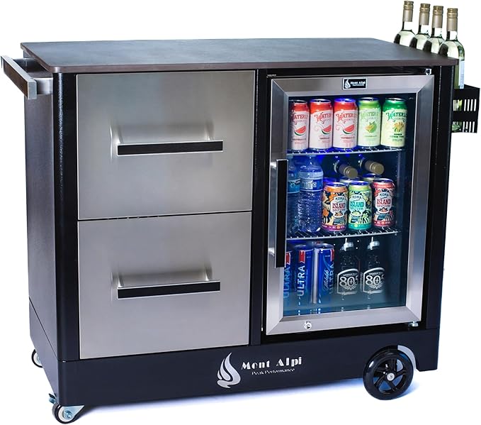 Mont Alpi MAPCL-MAPZ-Combo Outdoor Prep Bar Cart with Ceramic Top Counter + Wine Holder + Stainless Steel Cabinets + MAF Refrigerator + Portable Countertop Gas Pizza Oven Combo with Pizza Stone