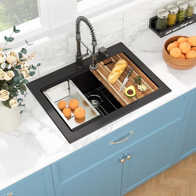 Sarlai Granite Composite Kitchen Sink - 30"x22" Drop In Kitchen Sink Matte Black Ledge 30 Inch Workstation Granite Quartz Composite Top-Mount Single Bowl Sinks Basin with Accessories