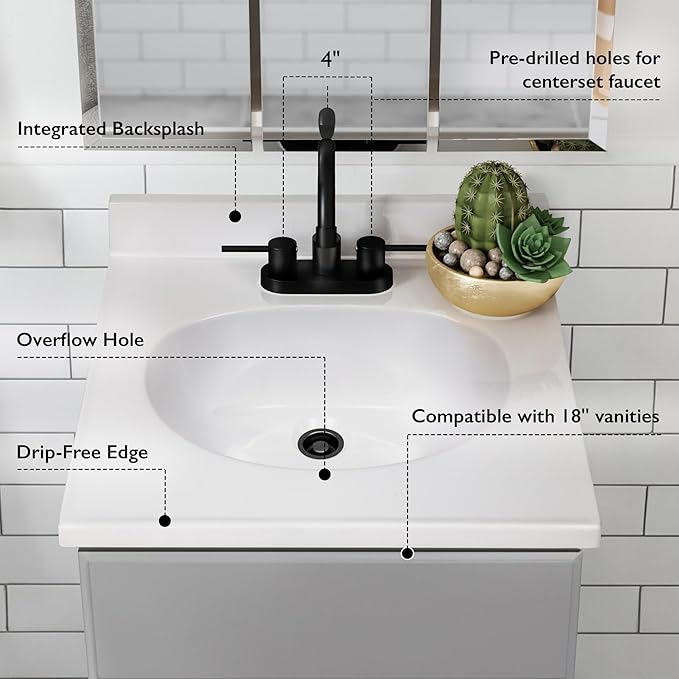 Design House Cultured Marble Vanity Top, 19 in W x 17 in D, Integrated 4 in Centerset Oval Sink & Backsplash, Solid White, 586172