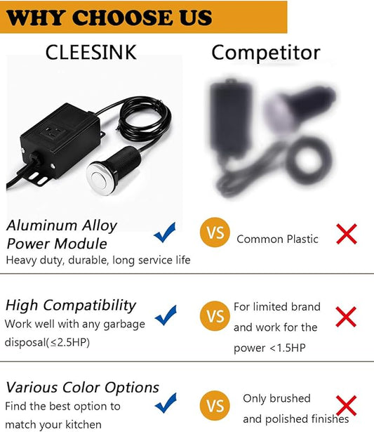 Sink Top Air Switch Kit Garbage Disposal Part by CLEESINK (SHORT/2.5", Polished Stainless Steel)