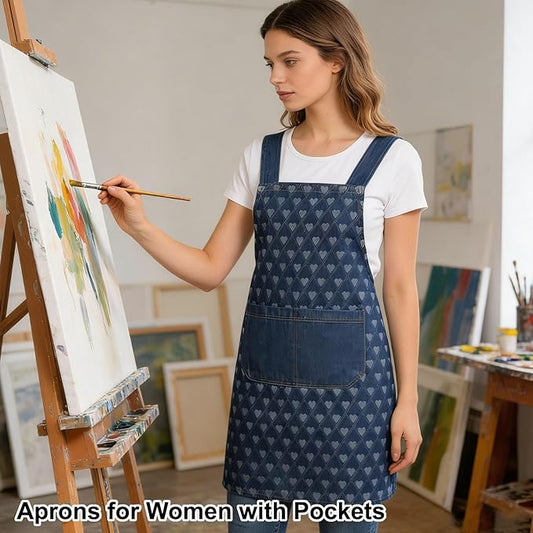 Adult Jour Apron, Lightweight Cotton Apron with Front Pocket, Denim Cross Back Aprons, Durable & Stain-Resistant