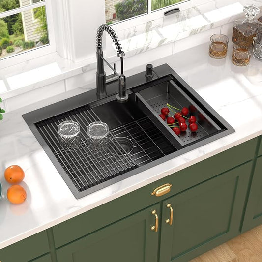 30 Inch Drop In Kitchen Sink with Faucet Combo - 30"x22" Workstation All-In One Gunmetal Black NANO-PVD 16 Gauge Stainless Steel Topmount Single Bowl Sink For Kitchen with Faucet #TLT-0023