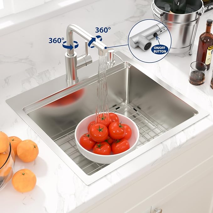 Sarlai Outdoor Kitchen Sink - 21 Inch Drop Bar RV Sink with Pull-out Faucet Drop In Workstation 21 x 20 Topmount Stainless Steel 16 Gauge Single Bowl Bar Prep Outdoor Sinks Basin