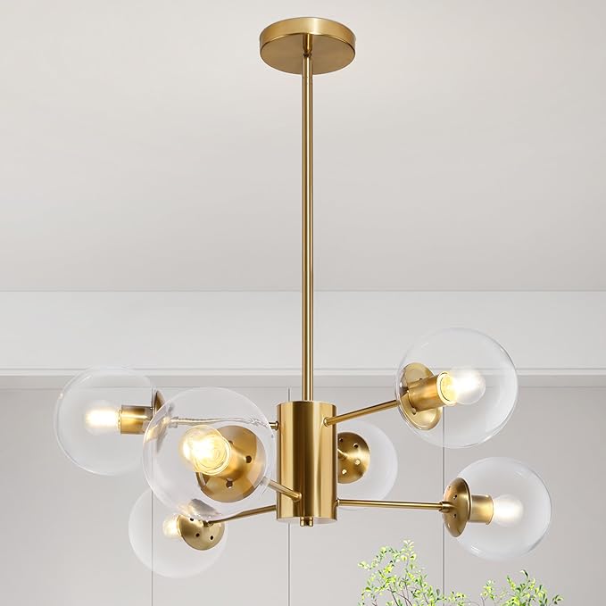Bagood 6-Light Globe Sputnik Chandelier Modern Gold Sputnik Chandelier Mid Century Pendant Light Brushed Brass Finished with Clear Globe Glass Lampshade Chandeliers for Dining Room Kitchen