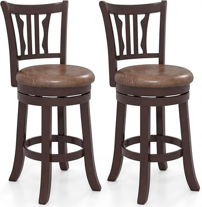 Giantex Swivel Bar Stools Set of 2, 26" Upholstered Counter Height Bar Chairs with Back, Faux Leather Seat, Solid Rubber Frame & Wrap-Around Footrest, Wooden Barstools for Kitchen Island, Pub