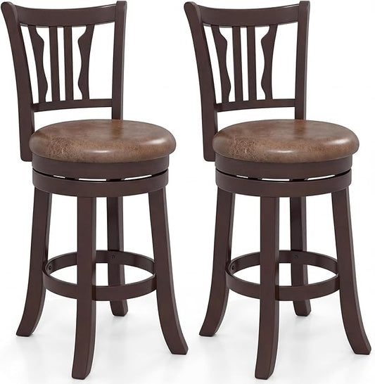 Giantex Swivel Bar Stools Set of 2, 26" Upholstered Counter Height Bar Chairs with Back, Faux Leather Seat, Solid Rubber Frame & Wrap-Around Footrest, Wooden Barstools for Kitchen Island, Pub