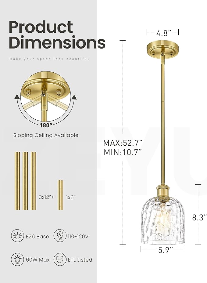 zeyu Glass Pendant Light Kitchen Island, Single Pendant Light, Gold Vintage Hanging Lamp with Clear Hammered Glass, Brushed Gold Finish, ZJF63MIL-L BG