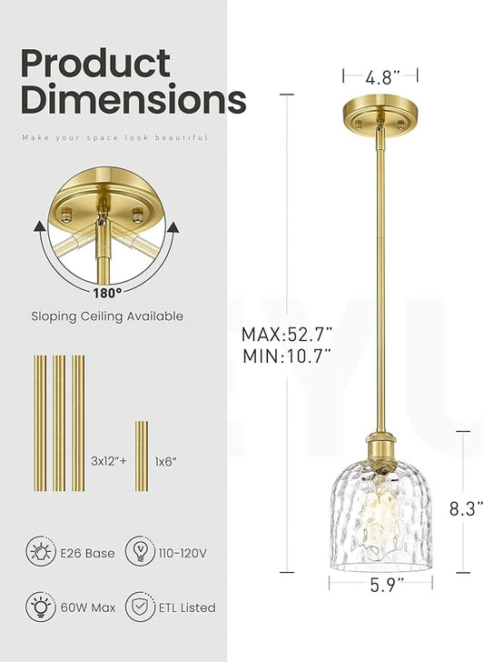 zeyu Vintage Glass Hanging Lights 2 Pack, Kitchen Pendant Lights, Ceiling Hanging Light Fixtures with Clear Hammered Glass, Brushed Gold Finish, ZJF63MIL-L-2PK BG