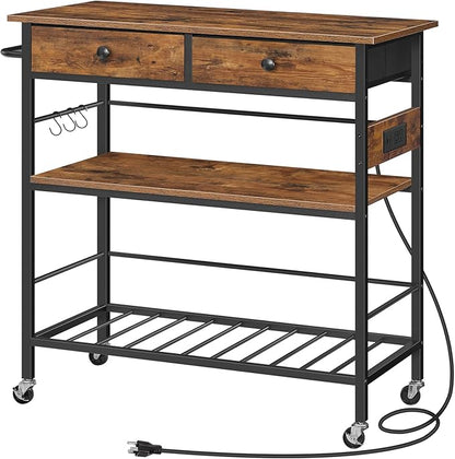 HOOBRO Kitchen Island with Storage, Rolling Island Cart for Kitchen with 2 Drawers & Outlet, 3 Tier Coffee Station and Microwave Stand, Kitchen Island Table for Home, Rustic Brown BF08UZD01
