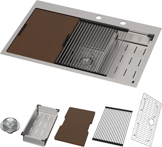 33x22 Drop In Kitchen Sink 16 Gauge Stainless Steel, Workstation Combo with Cutting Board & Washing Colander & Drying Rack, 10Inch Deep Single Bowl Topmount Sinks, 33"x22"x10", Brushed Nickle