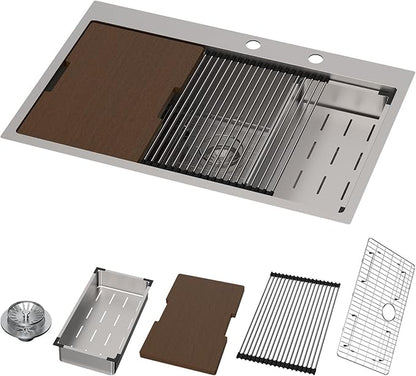 33x22 Drop In Kitchen Sink 16 Gauge Stainless Steel, Workstation Combo with Cutting Board & Washing Colander & Drying Rack, 10Inch Deep Single Bowl Topmount Sinks, 33"x22"x10", Brushed Nickle