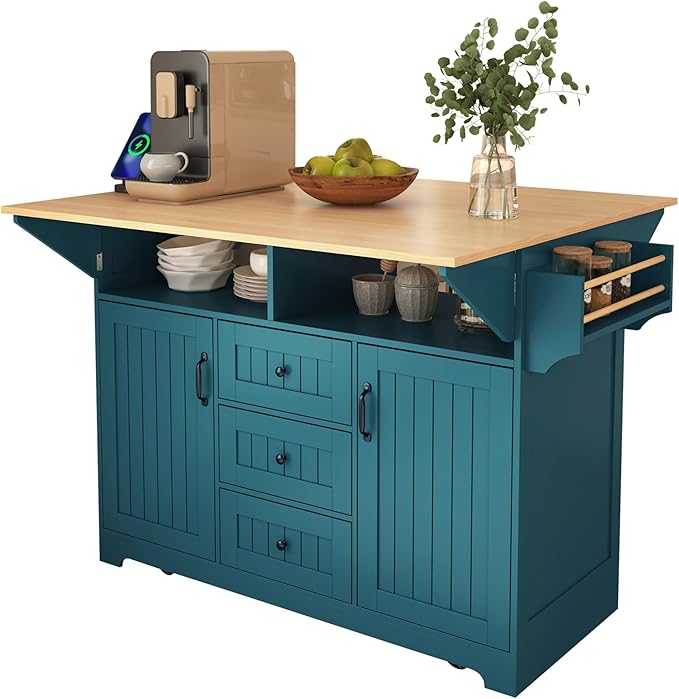 Modern Dining Table 55.7'' Large Kitchen Island with 2 Drop, Rolling Cart on 5 Wheels with Power Outlet, Folding Dining Table with Spice Rack, 3 Drawers, Console,Green-MDF