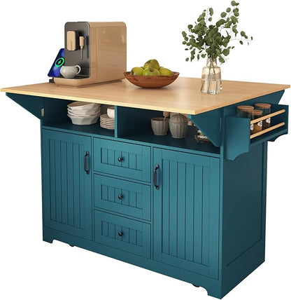 Modern Dining Table 55.7'' Large Kitchen Island with 2 Drop, Rolling Cart on 5 Wheels with Power Outlet, Folding Dining Table with Spice Rack, 3 Drawers, Console,Green-MDF