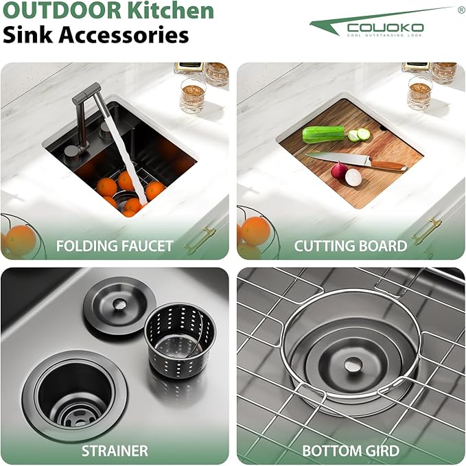 13x15 Outdoor Kitchen Sink Black Concealed Undermount RV Sink Gunmetal Black NANO PVD Stainless Steel Handmade Ledge Workstation Single Bowl Outdoor Sinks with Concealed Folding Faucet,13"x15"x9"