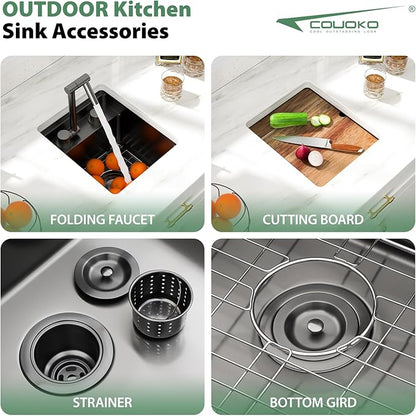 13x15 Outdoor Kitchen Sink Black Concealed Undermount RV Sink Gunmetal Black NANO PVD Stainless Steel Handmade Ledge Workstation Single Bowl Outdoor Sinks with Concealed Folding Faucet,13"x15"x9"