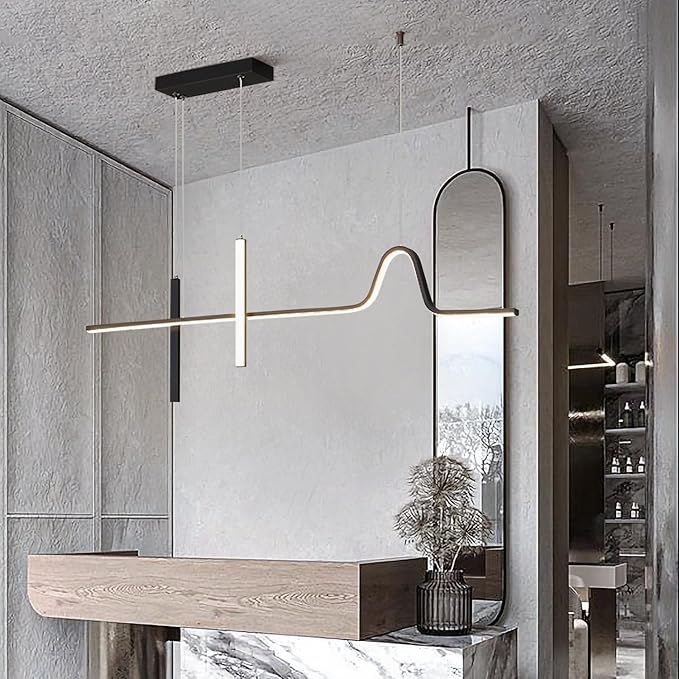 KCO Modern Linear Black Pendant Light Dimmable LED Hanging Chandelier Lights Farmhouse Long Dining Room Hanging Light Fixture Adjustable Kitchen Adjustable Island Lights for Kitchen