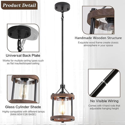 SGLfarmty Farmhouse Pendant Light for Kitchen Island, Rustic Black and Wood Light Fixtures with Glass Shade, Blown Pendant Lamps Over Table, Farmhouse Hanging Light for Dining Room, Sink, Bar, 1 Pack