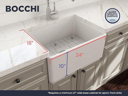 BOCCHI Classico Farmhouse Apron Front Fireclay 24 in. Single Bowl Kitchen Sink with Protective Bottom Grid and Strainer in White