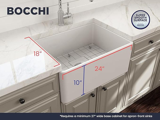 BOCCHI Classico Farmhouse Apron Front Fireclay 24 in. Single Bowl Kitchen Sink with Protective Bottom Grid and Strainer in White
