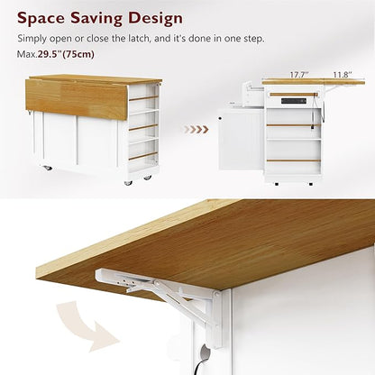 RUNNA 48inch Large Kitchen Island with 2 Bar Stools, Power Outlet, Internal Storage Rack, Kitchen Storage Cart on 5 Wheels, Drop Leaf, 5 Open Side Racks, 2 Drawers, White#015