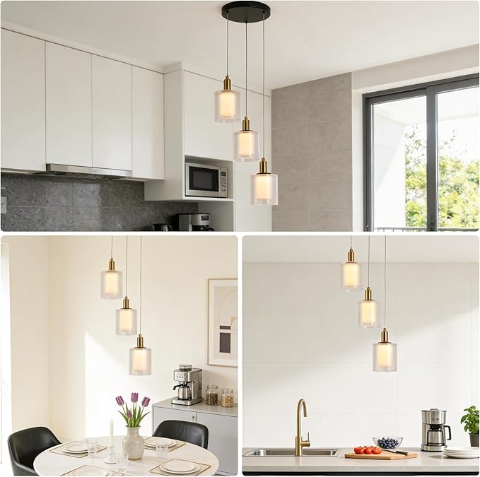 3-Light Modern Pendant Light, Black and Gold Cluster Chandelier with Ribbed Glass Shades, 18W Integrated LED 3000K Warm White, Adjustable Hanging Fixture for Kitchen Island Dining Room Stairway