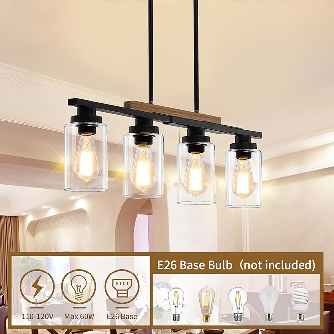 Dining Room Light Fixture Over Table,Farmhouse 4-Light Kitchen Island Lighting,Modern Wood Chandeliers for Dining Room with Adjustable Height,Industrial Black Kitchen Pendant Hanging Lights