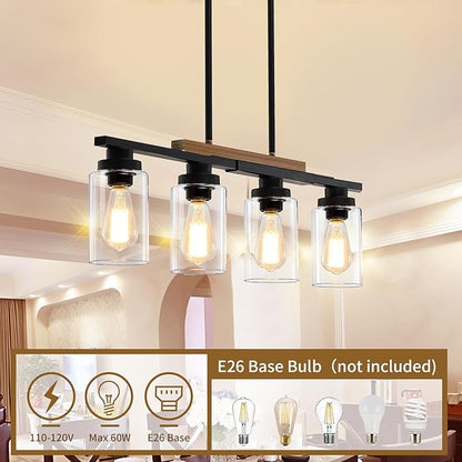 Dining Room Light Fixture Over Table,Farmhouse 4-Light Kitchen Island Lighting,Modern Wood Chandeliers for Dining Room with Adjustable Height,Industrial Black Kitchen Pendant Hanging Lights