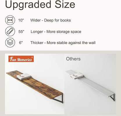 Floating Shelves 55 Inch Long, 10" Deep Floating Shelves, Wall Shelves 55 x 10, Set of 2, Wide Large Display Storage Shelves for Bathroom, Living Room, Rustic Wood Shelves with Brackets, Rustic Brown