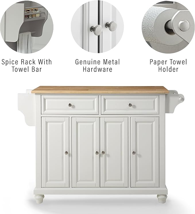 Crosley Furniture Cambridge Wood Top Rolling Kitchen Island Storage Cart, Microwave Stand, Spice Rack, White
