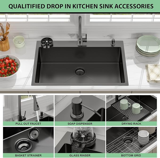 33 Drop In Kitchen Sink - Beslend 33x22 Black Kitchen Sink Drop In with Pull-Out Faucet, Stainless Steel Sinks and Soap Dispenser Topmount 16 Gauge Single Bowl Above Counter Dish Basin 9" Deep