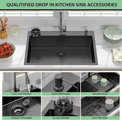 33 Drop In Kitchen Sink - Beslend 33x22 Black Kitchen Sink Drop In with Pull-Out Faucet, Stainless Steel Sinks and Soap Dispenser Topmount 16 Gauge Single Bowl Above Counter Dish Basin 9" Deep