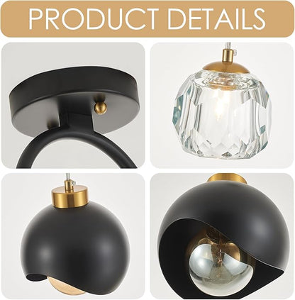 2 - Light Modern Pendant Light with Crystal Accent, Black Pendant Light Hallway, Unique Hanging Light Fixture for Entryway Bedroom Kitchen Island