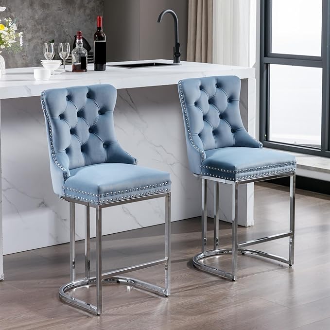 26" Counter Height Bar Stools Set of 2, Modern Velvet Barstools with Button Back&Rivet Trim Upholstered Kitchen Island Chairs with Sturdy Chromed Metal Base Legs