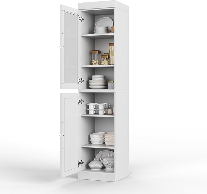 Palace Imports Solid Wood Kitchen Pantry - Narrow Storage Cabinet - 16.5" Wide x 71.5" Tall - 1 Raised Panel & 1 Glass Door, White, Adjustable Shelves, 100% Eco-Friendly Wood, Modular Cabinets
