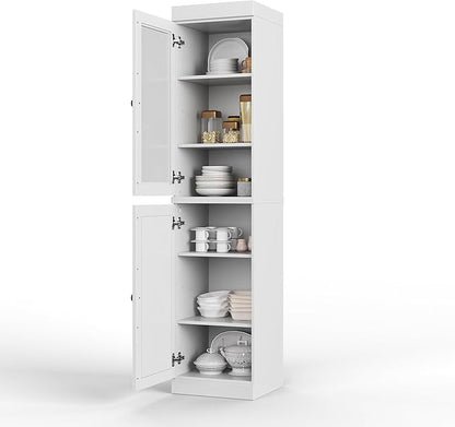 Palace Imports Solid Wood Kitchen Pantry - Narrow Storage Cabinet - 16.5" Wide x 71.5" Tall - 1 Raised Panel & 1 Glass Door, White, Adjustable Shelves, 100% Eco-Friendly Wood, Modular Cabinets