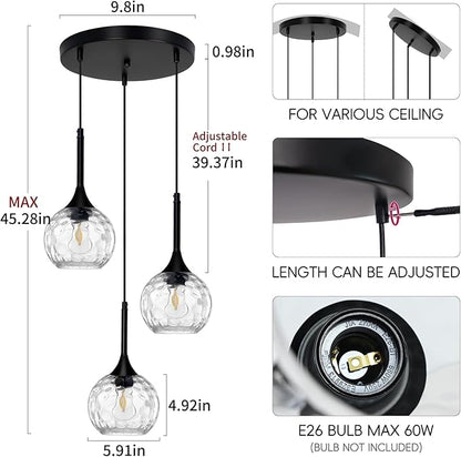 JHLBYL Glass Pendant Lights Kitchen Island: 5.91'' 3-Light Hammered Glass Pendant Light with Black Finish - Modern Minimalist Hanging Light Fixture for Kitchen Sink Dining Room - E26 Base