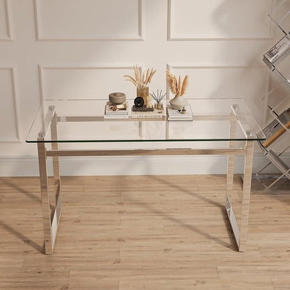 Modern Glass Dining Table for 4-6, 51" Rectangular Kitchen Dining Room Table with 0.31" Tempered Glass Tabletop and Silver Chrome Metal Legs, Writing Table Desk, for Kitchen Dining Living Room