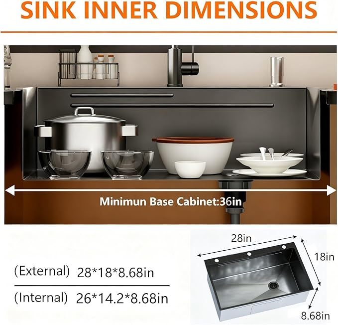 28 Inch Black Drop-In Stainless Steel Kitchen Sink: Single Bowl Deep Scratch Resistant 16 Gauge Workstation with Faucet & Accessories Combo for Family Kitchen