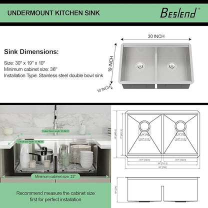 30 Undermount Kitchen Sink - 30x19 Double Bowl Kitchen Sinks Workstation 16 Gauge Stainless Steel Sink Low Divide Double Basin 50/50