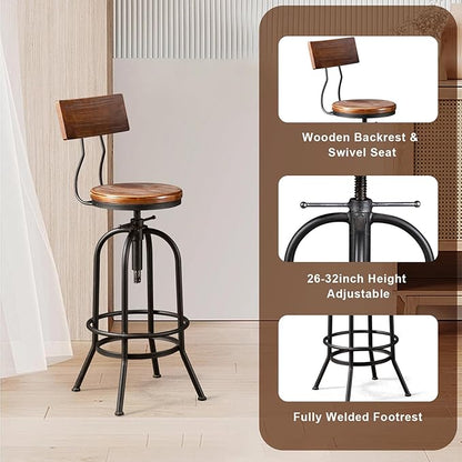 LOKKHAN 5-Piece Industrial Metal Bar Table & Stools Set – Adjustable Swivel, Wooden Top/Seats, Backrest (1 Table + 4 Stools, Brown) for Kitchen Island/Pub, Heavy Duty