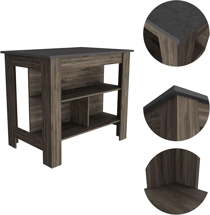 Kitchen Island Kitchen Table 35" H Four Legs with 3 Open Storage Shelves Wide Top for Meal Prep Spacious Leg Room Practical(Black Gray)