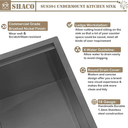 SHACO 15x19 Inch Black Undermount Bar Sink, Ledge Workstation Small Kitchen Sink, Black Stainless Steel RV Kitchen Single Bowl Wet Bar Prep Sink with Dish Grid & Drain & Cutting Board